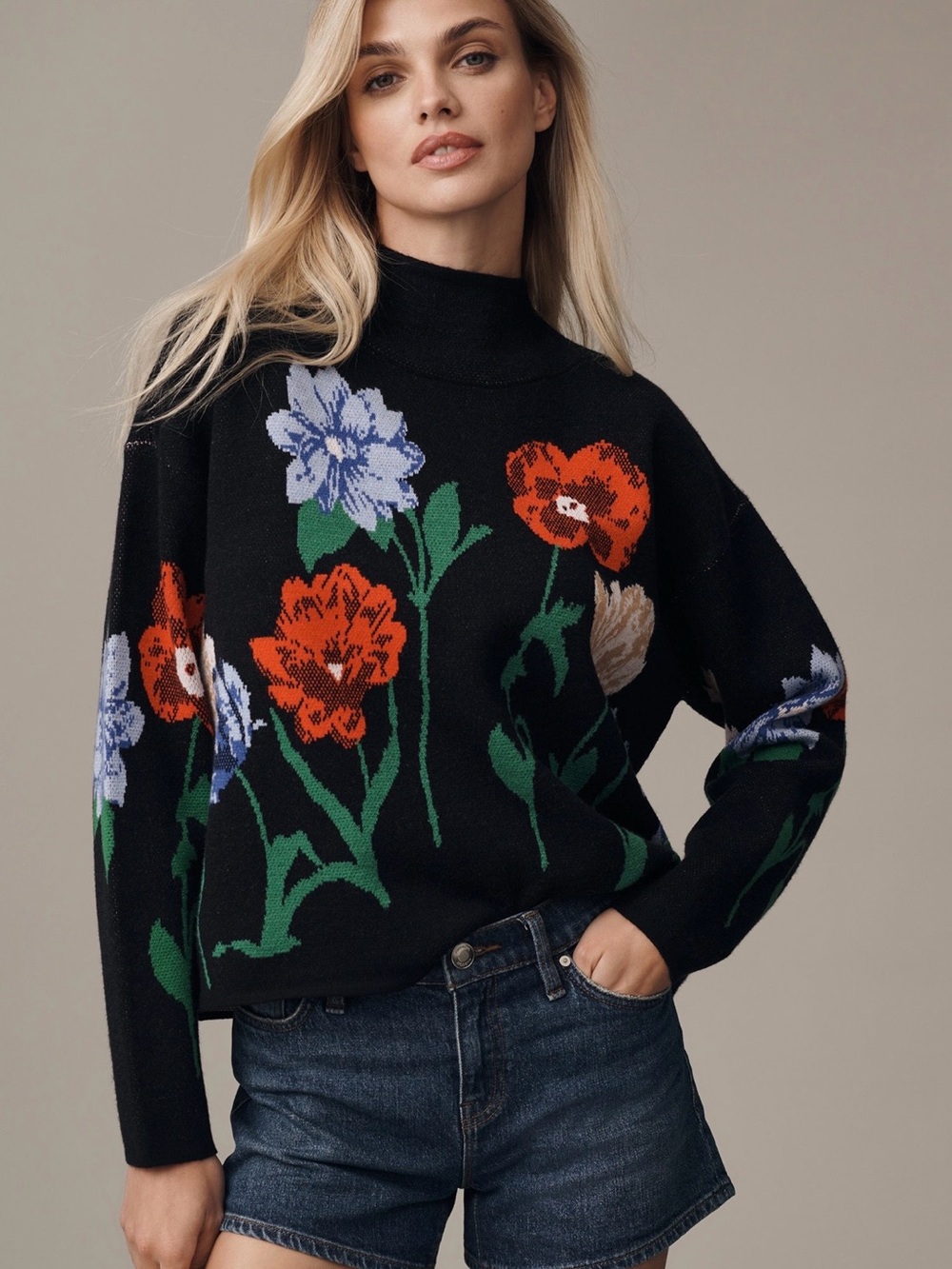 Anthropologie Maeve Carys Black Floral Mock Neck Sweater